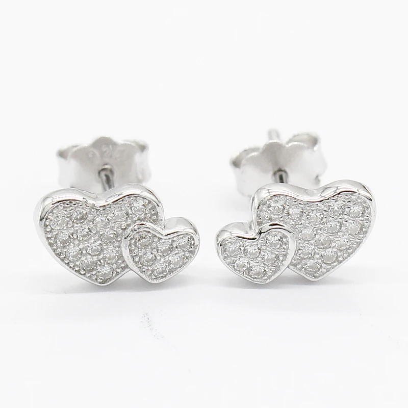 

925 Sterling Silver Stud Earrings Double Hearts Heartbeats with Small CZ Ear Jewelry for Women Girls Wedding Engagement Gift