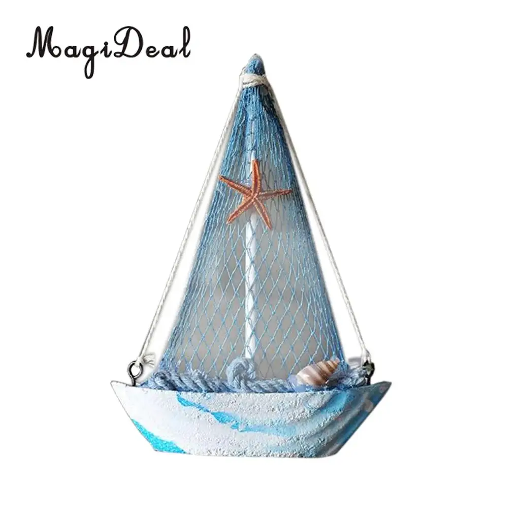 2pcs Vintage Mediterranean Style Marine Nautical Wooden Blue Sailing Boat Ship Wood Crafts Ornaments Party Home Room Decoration