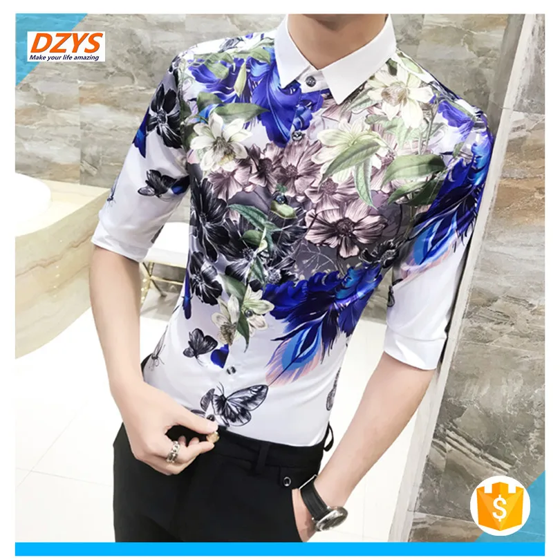 2018 men's Summer dress trend Youth Night shop short sleeve thin floral shirt05