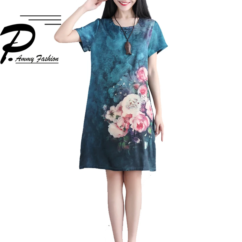 Vintage Big Size Flower print Short Sleeve Silk Dress 2018 Summer Retro Tie Dye O- Neck Plus Tunic Loose Vestidos | Женская одежда