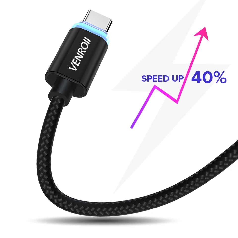 Venroii Тип usb C кабель для быстрой зарядки samsung S10 Xiaomi mi x 3 2 S USBC светодиодный Kable 3ft huawei
