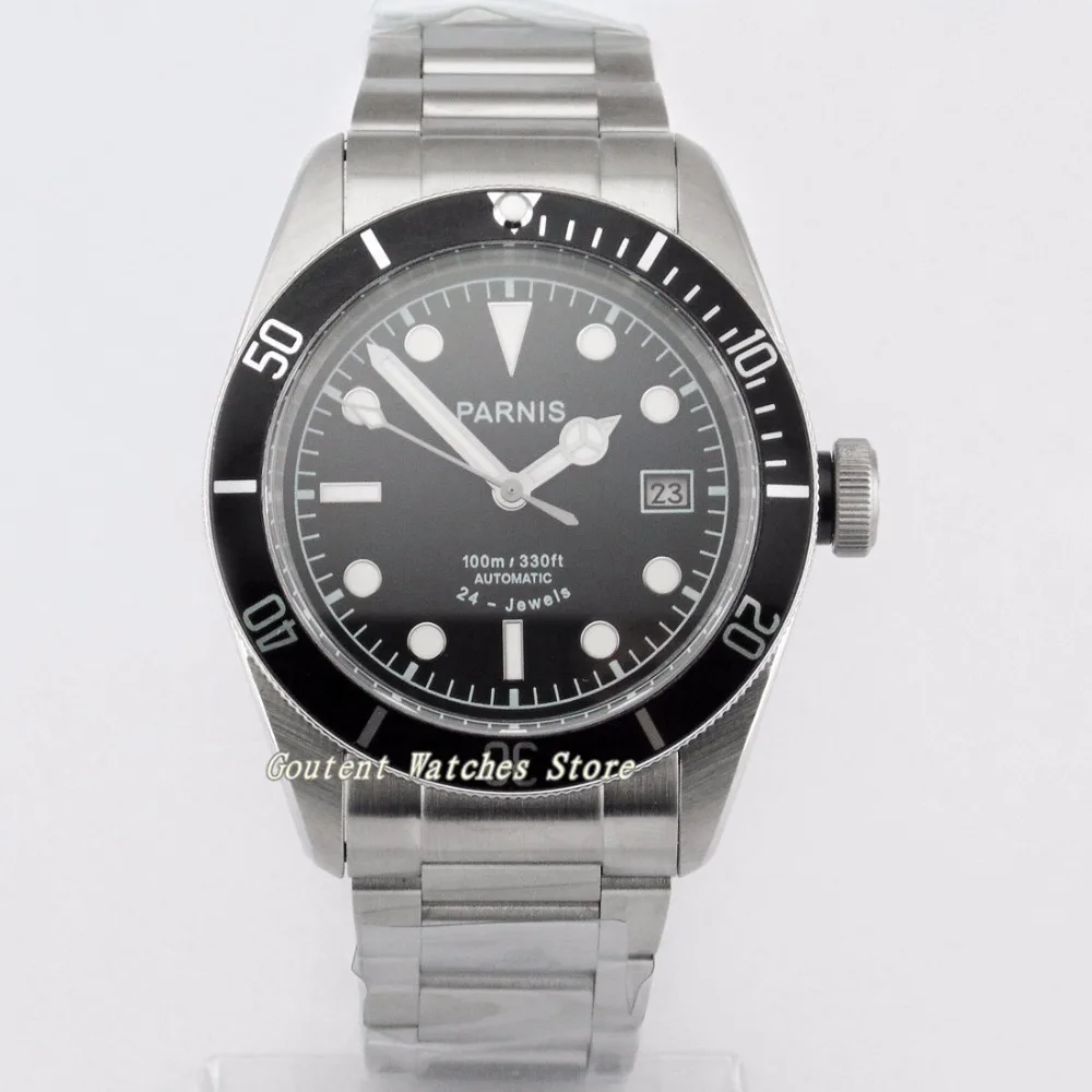 

41mm Parnis Date Luminous Sapphire Glass Silver Case Black Dial Automatic Men's Watch