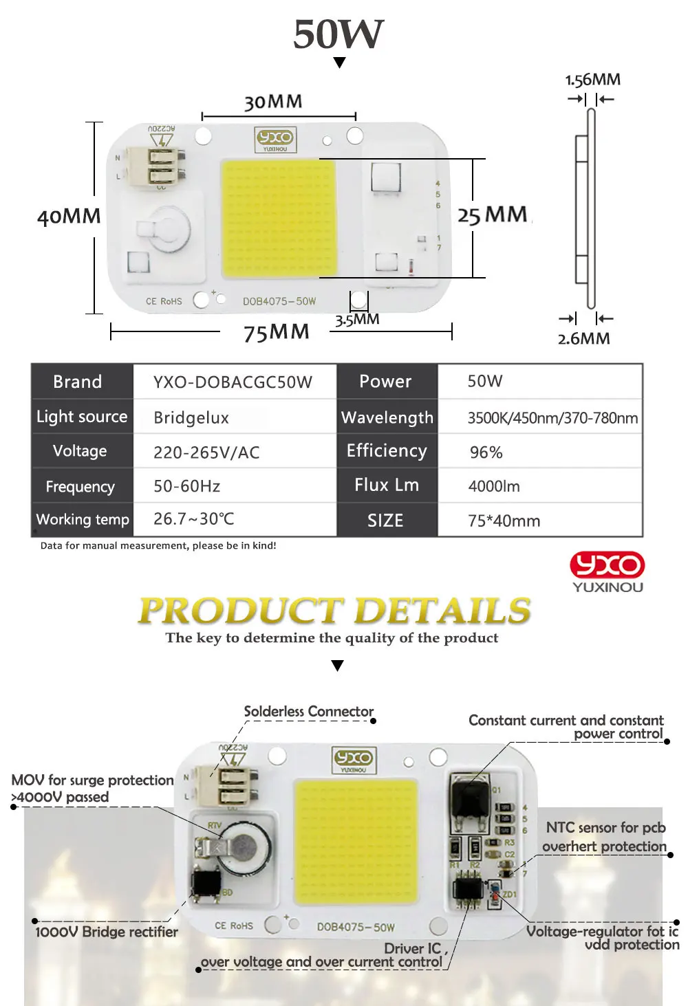 SMD COB Точечный светильник AC 220 В DOB чип для светодиодной лампы Beans Smart IC 20 Вт 30 Вт 50 Вт энергосберегающая наружная лампа белый/теплый супер яркий светильник