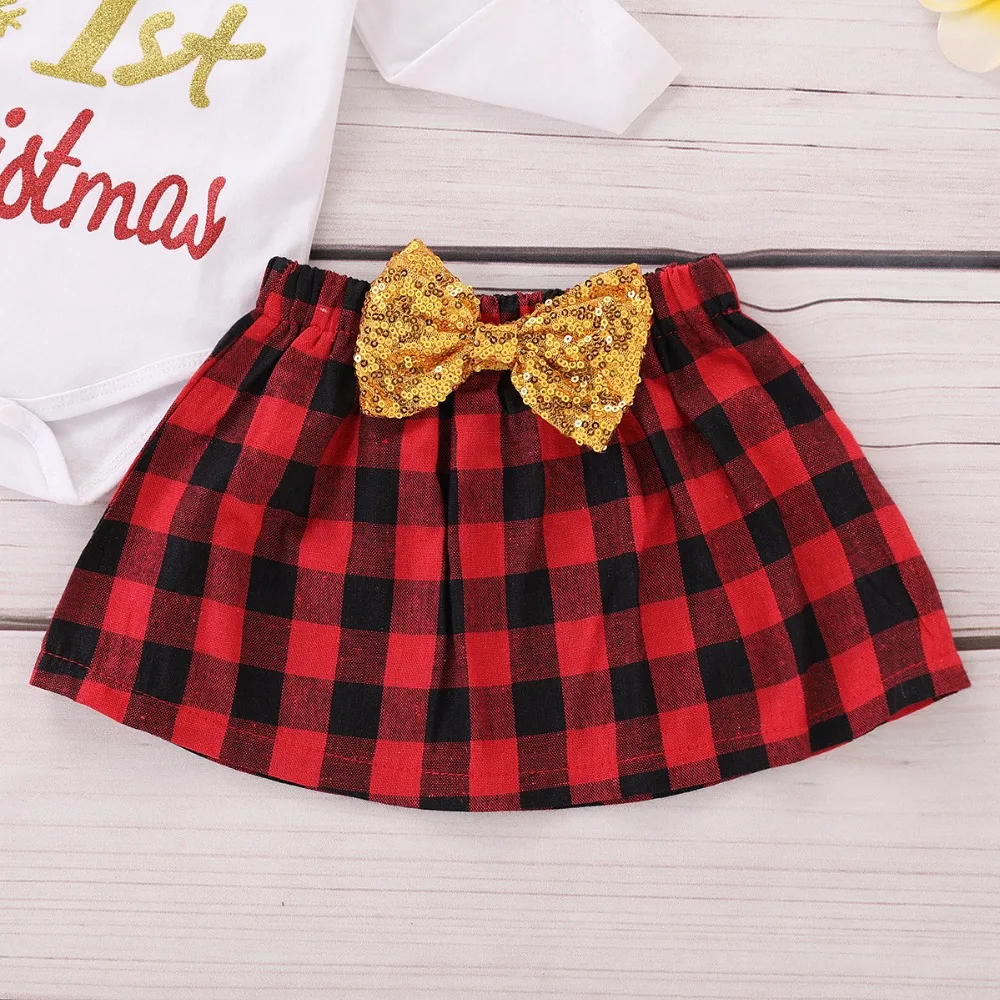 Puseky 0-24M Newborn Baby Girl Christmas Clothes Long Sleeve Cotton Romper Tops Red Plaid Bowknot Skirt Headband Outfits Clothes