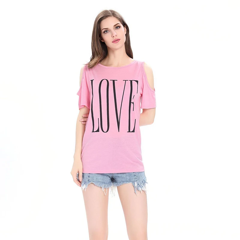 

Women Tops Loose Cotton Off Shoulder Short Sleeve 2019 Arrival Female T-shirts Personality Daily Round Collar Printing Love Tops