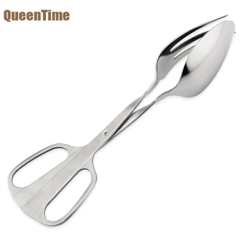 

QueenTime Stainless Steel Bread Salad Tongs 2 In 1 Large Size Spoon & Fork Multifunction Cooking Tools Creative Kitcen Utensils