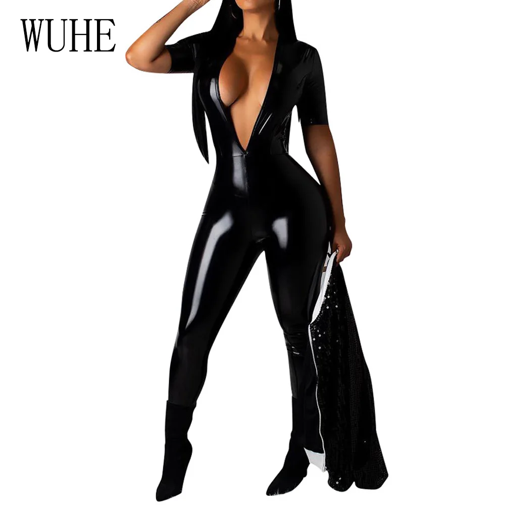 WUHE Sexy PU Leather Bodycon Bandage Jumpsuit Women Deep V Neck Autumn Winter Rompers Overalls Elegant Party Bodysuits Playsuits
