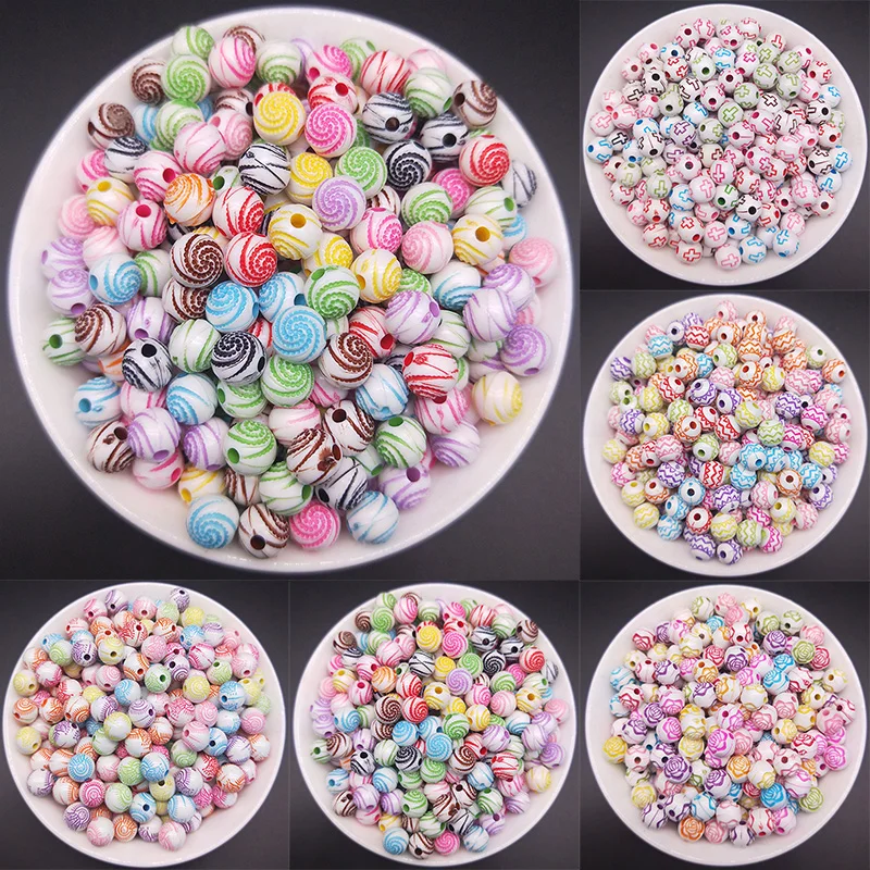 

Dia 8mm 5 Style Mixed Color Straight Hole Round Beads Ripple Charm Flowers Beads DIY Making Jewelry Accessories 60pcs/pack