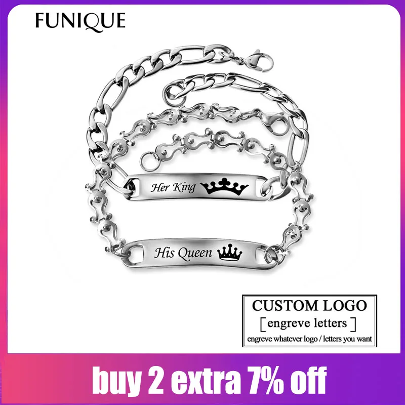 

FUNIQUE 2PCs Stainless Steel Bracelets Carved Love Message Rectangle Charm Bracelets Jewelry For Couples Gifts Bracelet