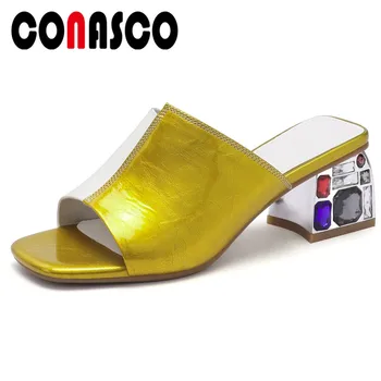 

CONASCO Women Summer Sandals Genuine Leather High Heels Mixed Colors Fashion Beach Slippers Summer Party Wedding Shoes Woman