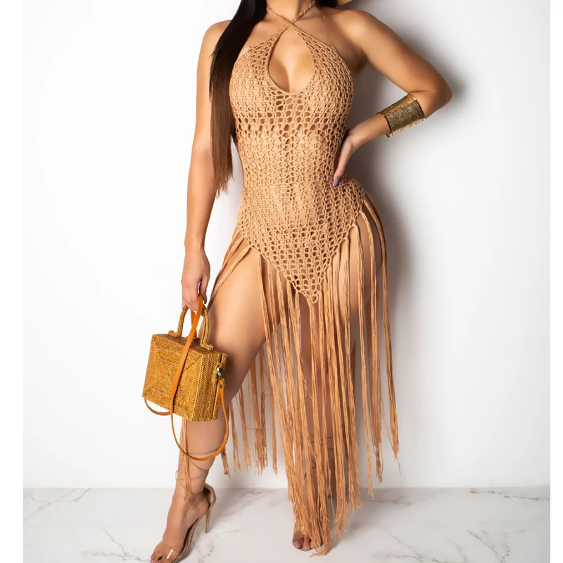 Kaufen 2019 sommer Häkeln aushöhlen quaste Strand Cover up kleid sexy frauen bikini badeanzug Abdeckung ups badeanzug Cover up robe Plage