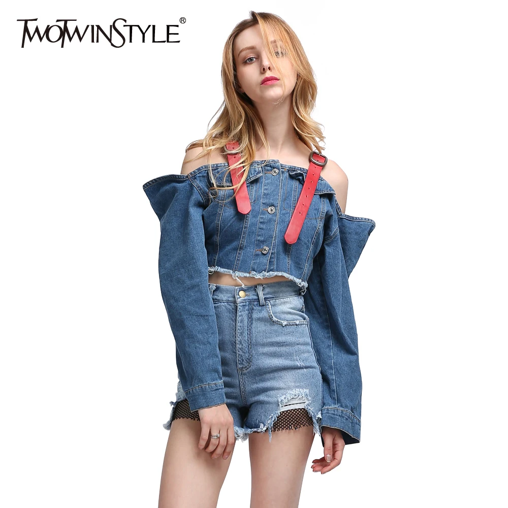 Image TWOTWINSTYLE 2017 Spring Women Sexy Off Shoulder Denim Crop Tops Slash Neck Suspender Jeans Jacket Coats Large Size Clothes New