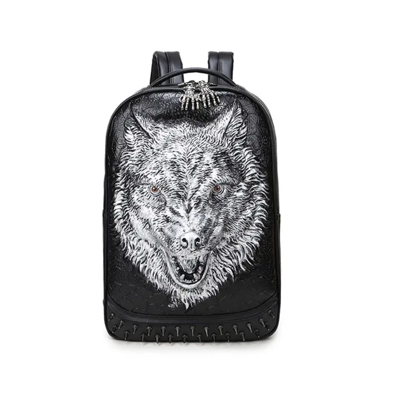 

3D Wolf Head Pattern Casual Daypacks Leather Backpack for Men School Hiking Outdoor Laptop Rucksack College Bag