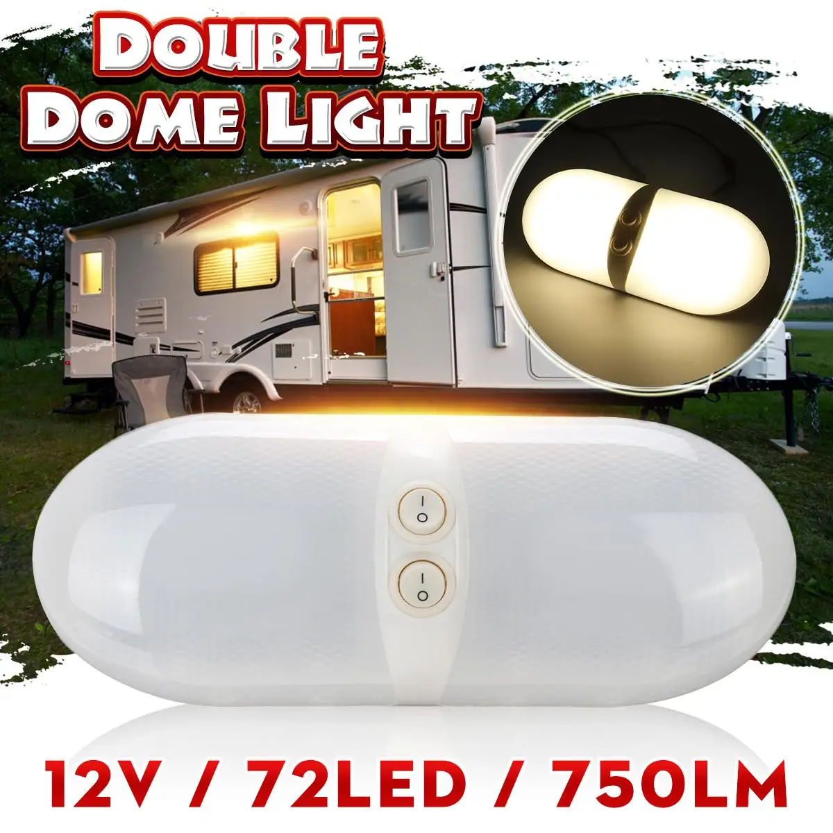 

For RV 72 LED Ceiling Trailer Marine Motorhome Double Dome Light 12V