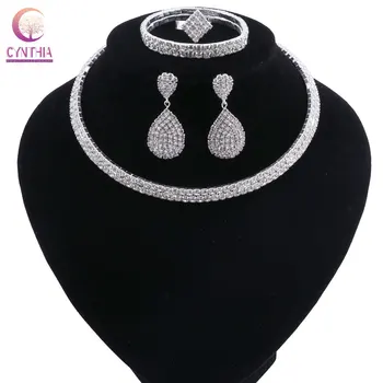 

Crystal Wedding Jewelry Sets for Women Clear Necklace Earrings Ring Bracelet Set Engagement African Beads Jewelry Sets