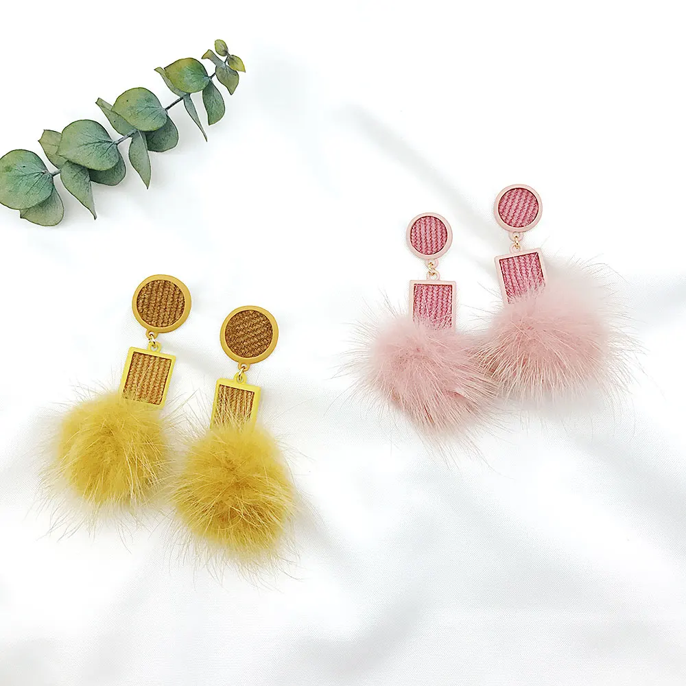 Pink Fur Ball PomPom Long Drop Earrings for Women Unique Soft Pom Pom