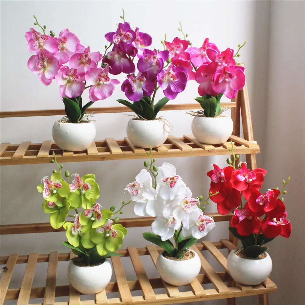 

28cm 6Heads Artificial Butterfly Orchild Flower Bonsai Desktop Potted Fake Plants Home Garden Decoration