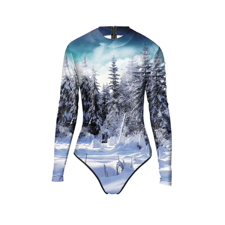 Long Sleeve Bodysuit Snow Forest Printed Swimwear Zipper Monokini One
