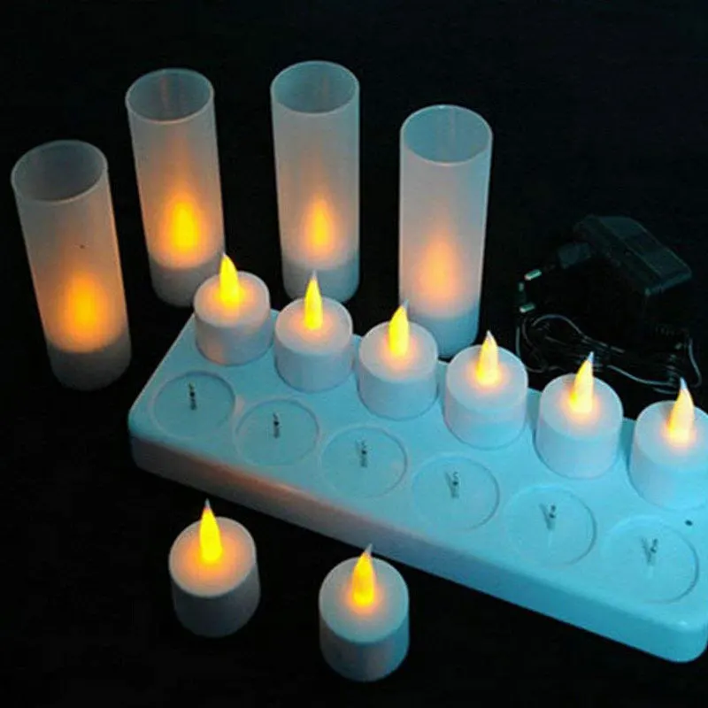  Rechargeable LED Flameless Candles 12 pcs Yellow Flame Energy Safe LED Tea Lights With Charge Base  - 32913457941