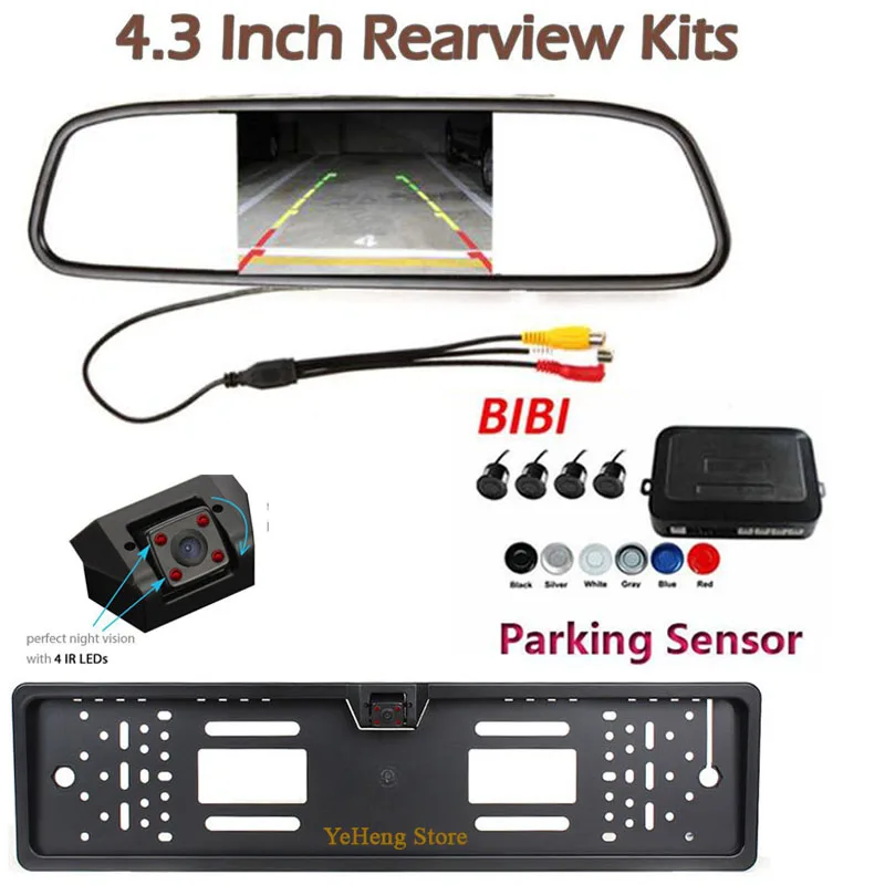 

Visual Car Video Parking Sensor Reverse Backup Radar System 4.3' HD Car Monitor & Car License Plate Camera Night Vision 4 IR