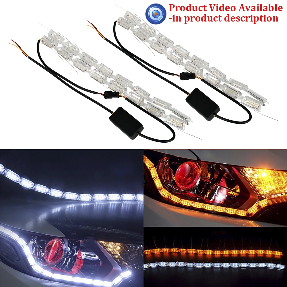 

2pcs Yellow Sequential Crystal Angel Tear Eyes DRL Daytime Running Light LED Switchback Turn Signal Strip Universal For Peugeot