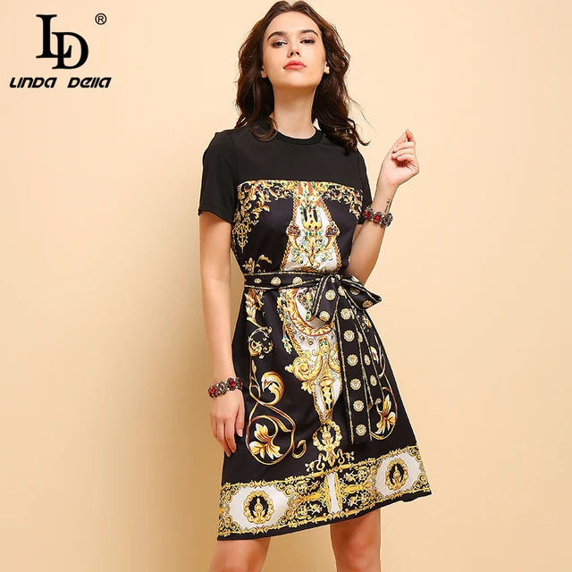 LD LINDA DELLA New Fashion Summer Dress Women's Short Sleeve Printed Beading Bow Tie Elegant Vintage Party Loose Midi Dresses 2