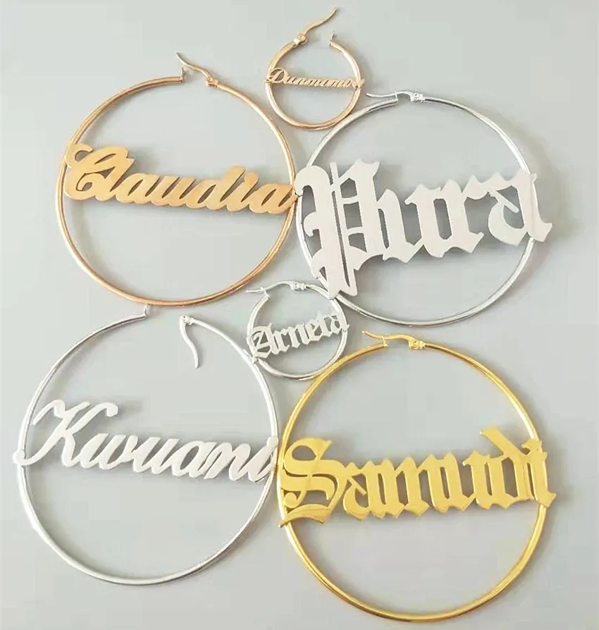 Hiphop Brincos Big Circle Personalized Custom Name Earrings For Women Boho Jewelry Christmas Gift Rose Gold Silver Pendientes | Украшения и