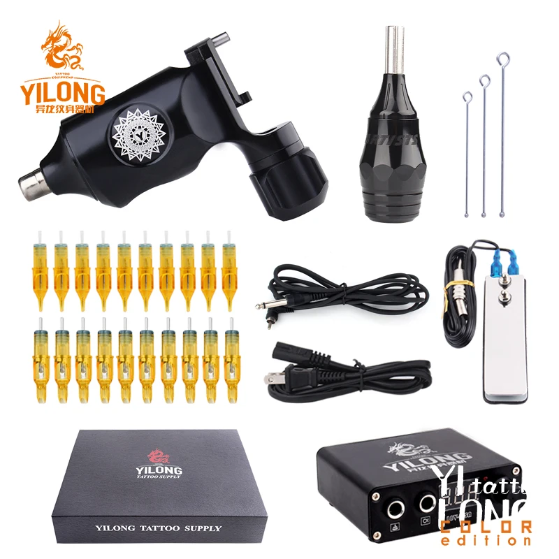 

YILONG Tattoo Kit Rotary Tattoo Machine Fine Lining Guns Professional Tattoo Power Box Tattoo Grips Kit Set