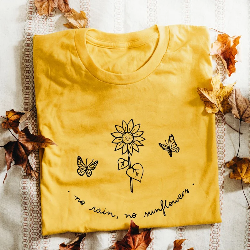 

No Rain No Sunflowers T-shirt Vintage Summer Floral Print Funny Tee Top Women Aesthetic Harajuku Tumblr Graphic Tshirt Drop Ship