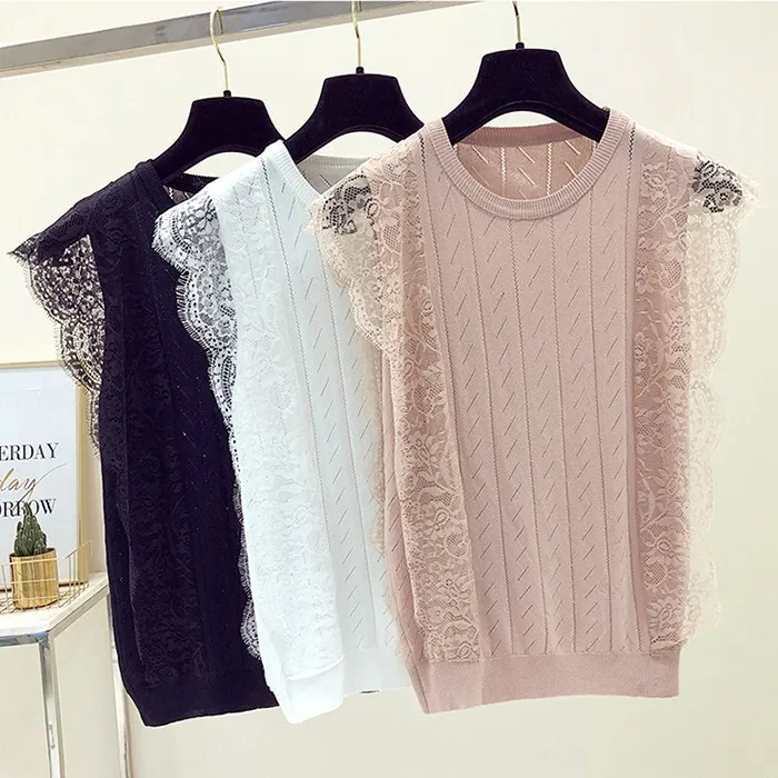

Baharcelin Women Girl Summer short Sleeve T Shirt Tops Knitted sweaters Cute Sweet lace patchwork Outwear tees basic Tops