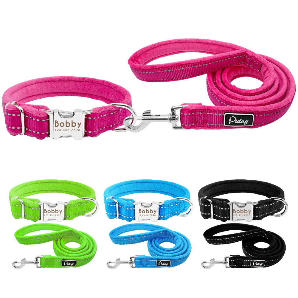 Nylon Dog Collar Leash Set Personalized Name ID Tag Reflective Padded