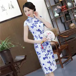 Новое прибытие Тонкий Qipao Женский атласная цветочный Китайский классический платье элегантный негабаритных воротник-стойка Cheongsam леди