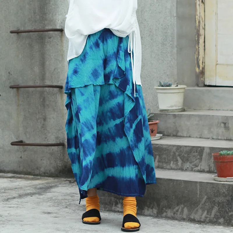 Johnature, летняя новинка, хлопок, лен, Tie Dye, Женская полуюбка,, повседневная, модная, винтажная, подходит ко всему, с оборками, Женская длинная полуюбка