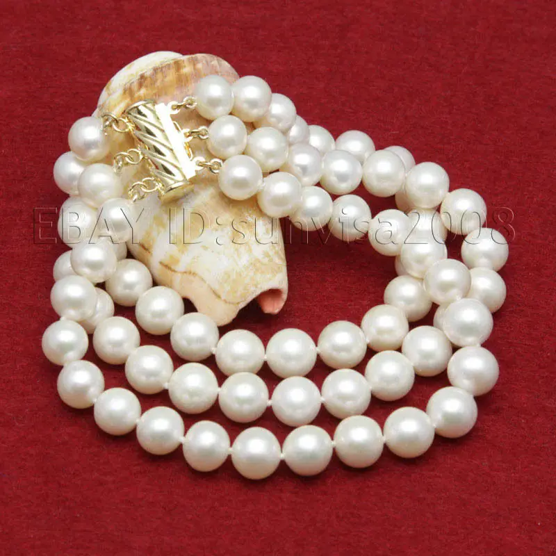 

FREE shipping lovely 3 rows AAA 9-10mm white fresh water pearls bracelets 8" rea