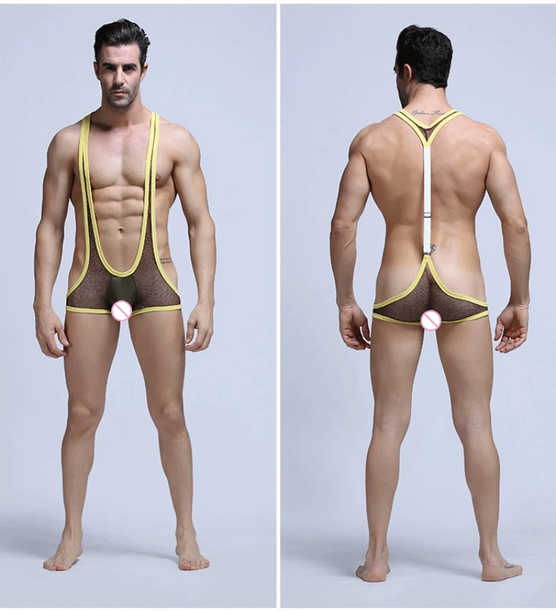 

Sexy Men's Bikini Jumpsuit Suspender Fishnet Wrestling Singlet Bodysuit Fetish Gay Men Underwear Can Adjustable Boxer Shorts