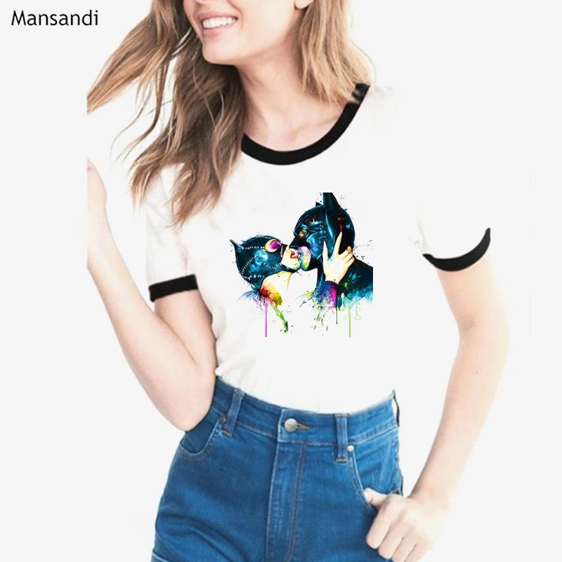 

New arrival 2019 Anime Cartoon Batman Catwoman kiss T Shirt Women watercolor print tee shirt femme harajuku shirt female tops