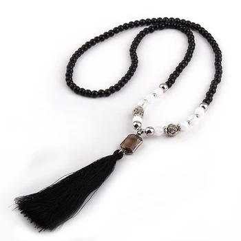 

Fashion Black Stones Rosary Chain Link Long Tassel Necklace