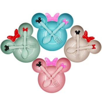 

3pcs Wheat Straw Baby Cartoon Tableware Set Children's Dishes Kids Dinner Platos Baby Feeding Plate Training Bowls Spoons Forks