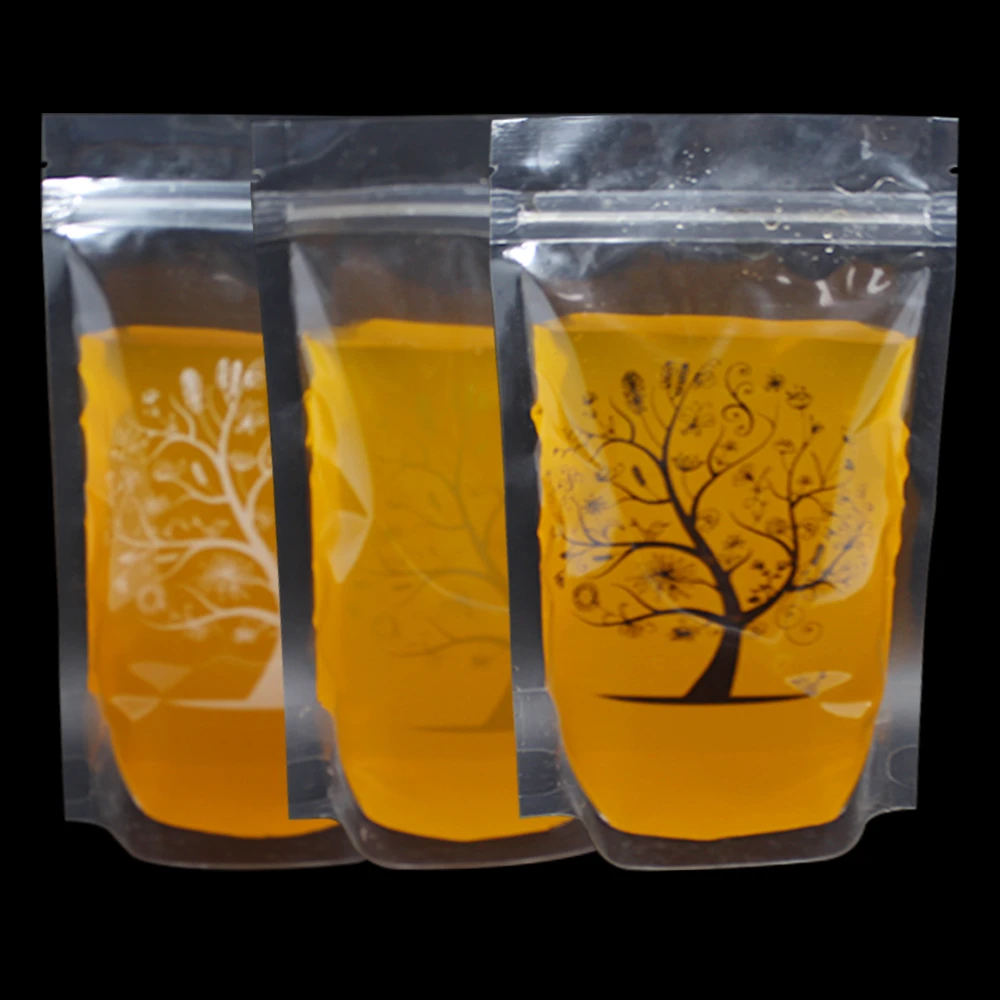 

50pcs 12*20cm Transparent Stand Up Ziplock Packaging Bag for Beverage Milk Juice Storage 400ml Capacity Drink Bags Tree Printed