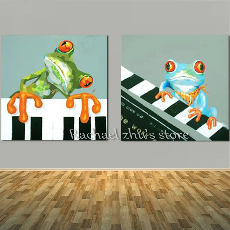 

Hand Painted Cartoon Frog Oil Painting On Canvas Cartoon Art Two Panles Children's Room Wall Picturer For Living Room Home Decor