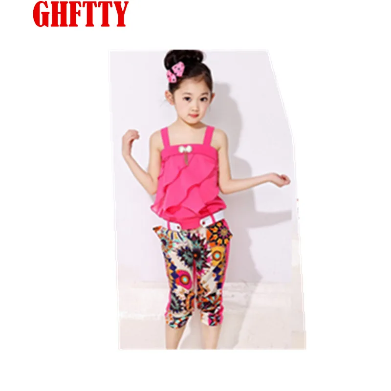 

2015 new summer style girls two-piece suit printing national air chiffon Sling Shorts free shipping