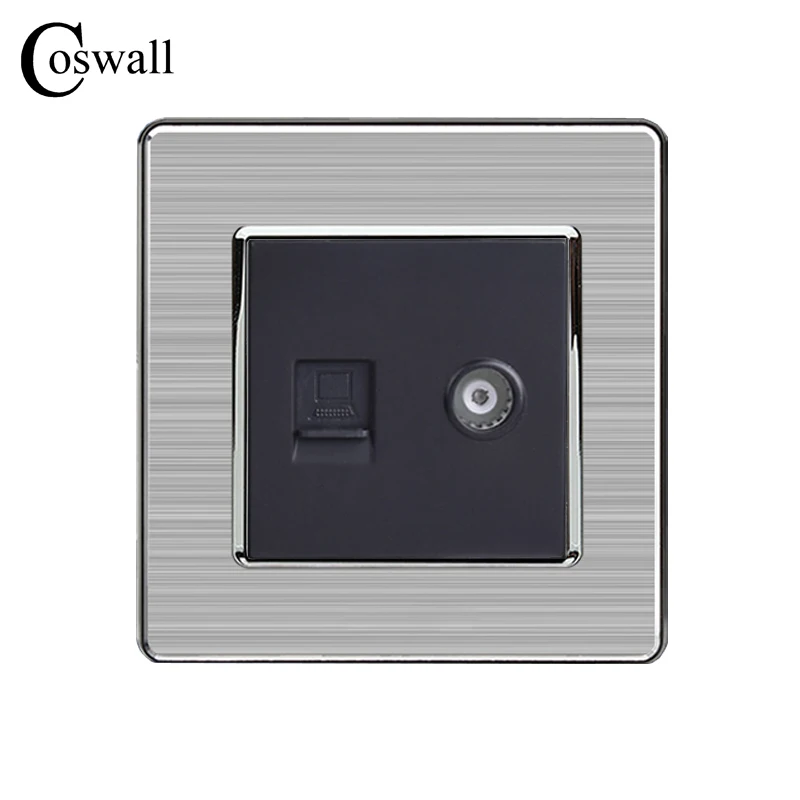 

COSWALL RJ45 Internet Data Computer Jack CAT5E Connector With Female TV Outlet Stainless Steel Brushed Panel Wall Socket
