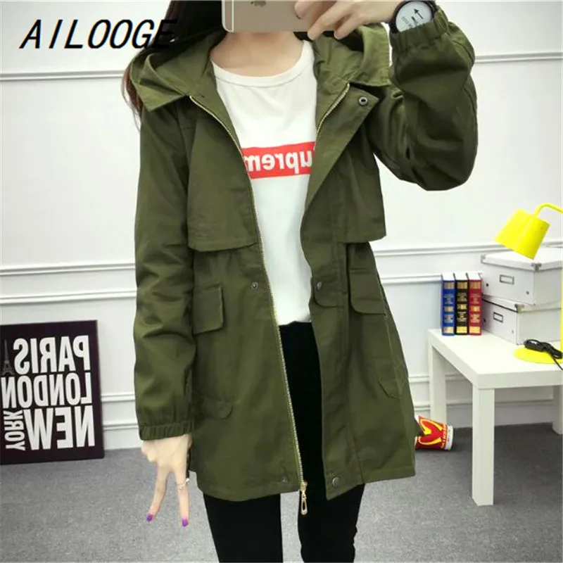 

AILOOGE 2017 New Fashion Autumn Hooded Bomber Basic Jackets Women Coat Windbreaker Long Sleeve Black/Army Green Spring Jacket