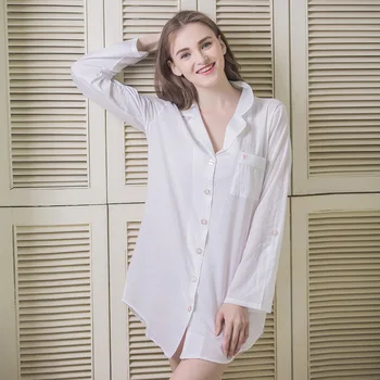 

New White Cotton Shirt Short Nightgown Long sleeves Chemise Nightdress Women Pyjamas sexy sleep dress Sleepshirts Home Clothes