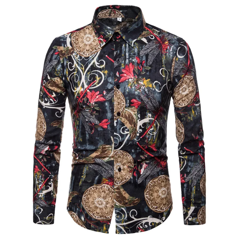 Men's Stylish Vintage Floral Shirt 2018 Spring Autumn New Long Sleeve ...