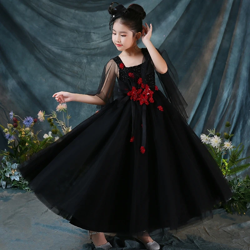 

2018 Black Kids Pageant Gowns Princess Dress Ball Gown Summer Dress Appliques Flower Girls Dresses Evening Party Dress E296