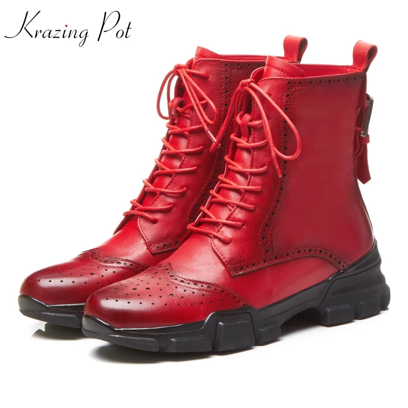 

krazing pot 2018 genuine leather round toe med heels Western boots European metal buckle preppy style Oxfords ankle boots L02