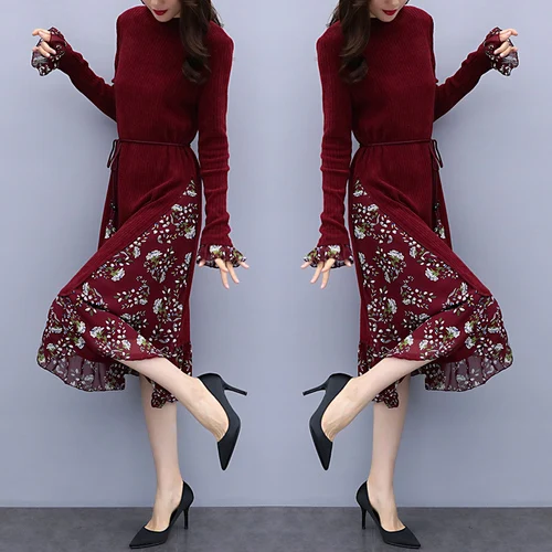 

2018 Autumn New Plus Size 5xl Midi Dress Chiffon Knitted Patchwork Dress Women Waist Was Thin Dress Elegant Ol Wild Vestidos