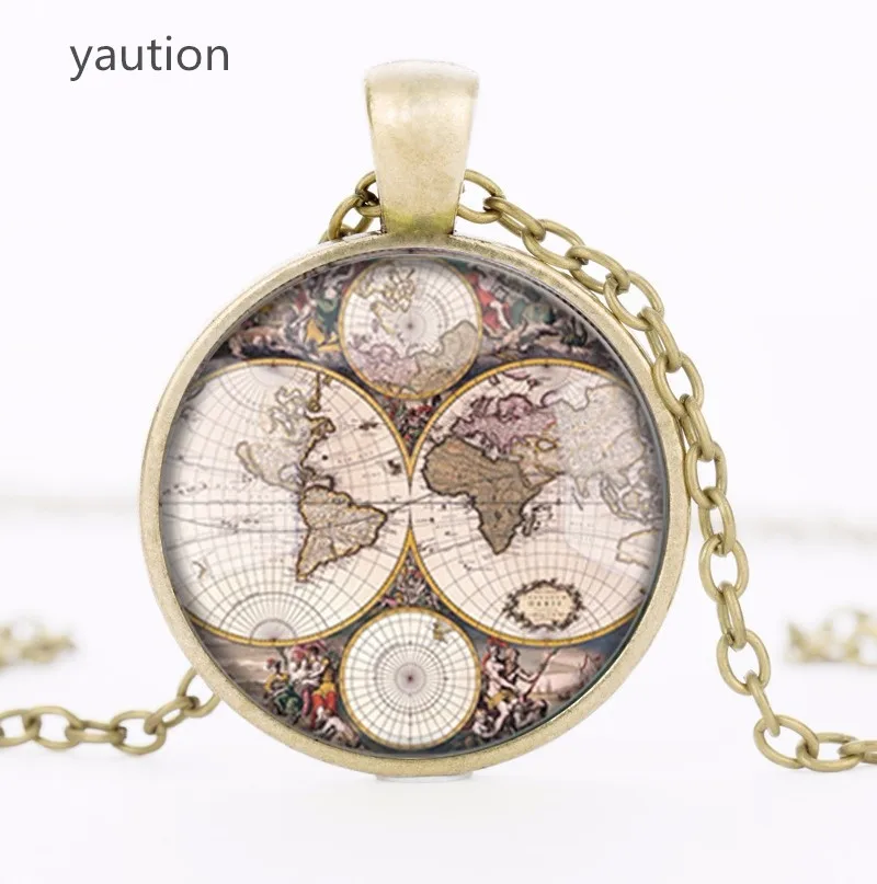 Ожерелье ручной работы с изображением старой карты мира|glass pendant|map necklaceworld map necklace