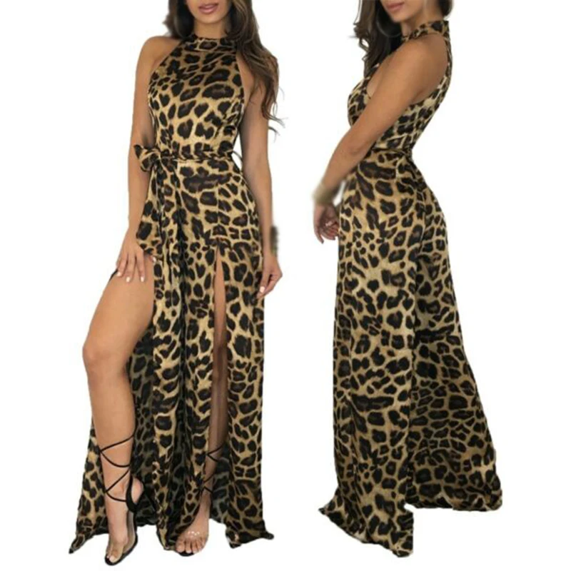 

Sexy Women Halter Leopard Print Wide Leg Long Party Clubwear Jumpsuit Bodysuit